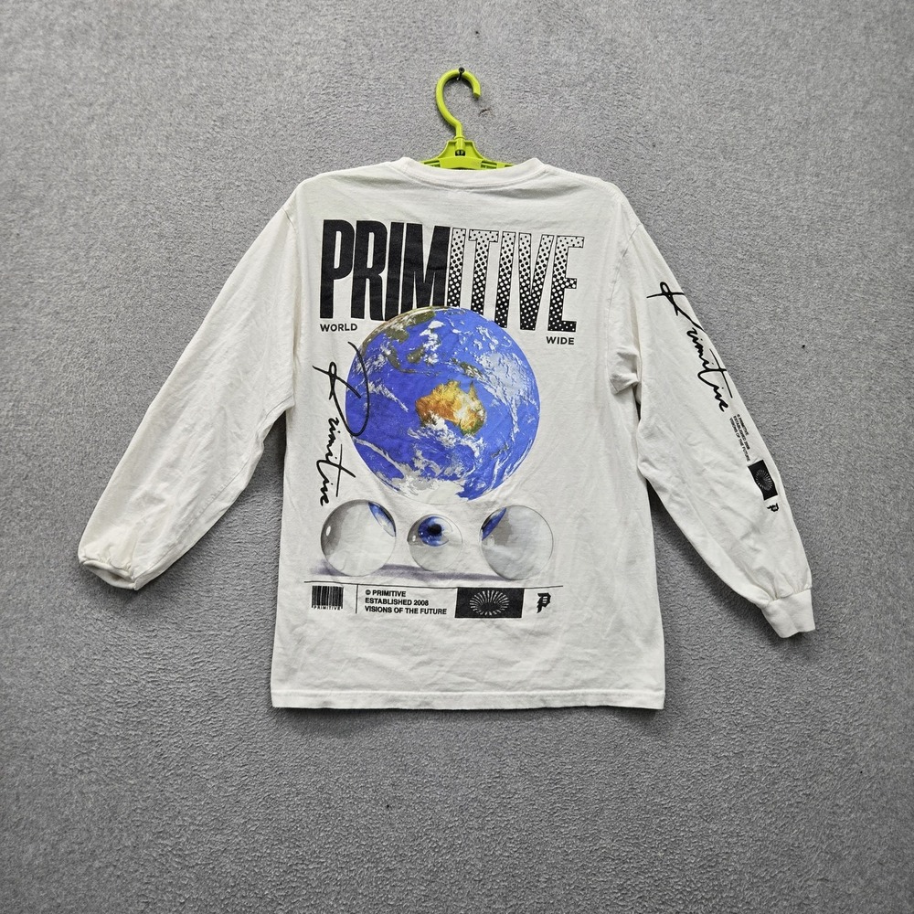 Primitive Men Shirt M White Graphic Earth Globe Streetwear Grunge Logo Triko